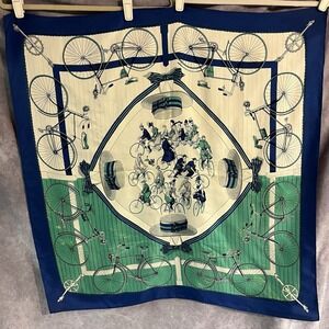 Hermes Paris Vintage 100% Silk Les Becanes Scarf Timeless Luxurious Blue Green